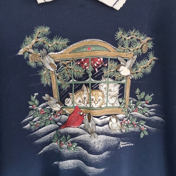 Vintage Morning Sun Collared Sweatshirt Women's LP Blue Cats And Birds - Picture 3 of 11